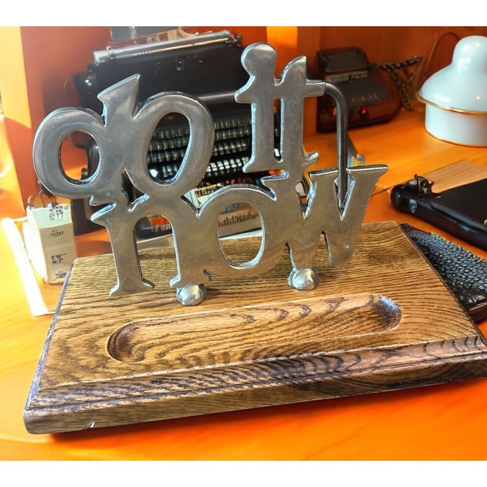 Desk “Do it Now” Letter Paper File Organizer Caddy Valet W/ Wood Base Vtg Retro
